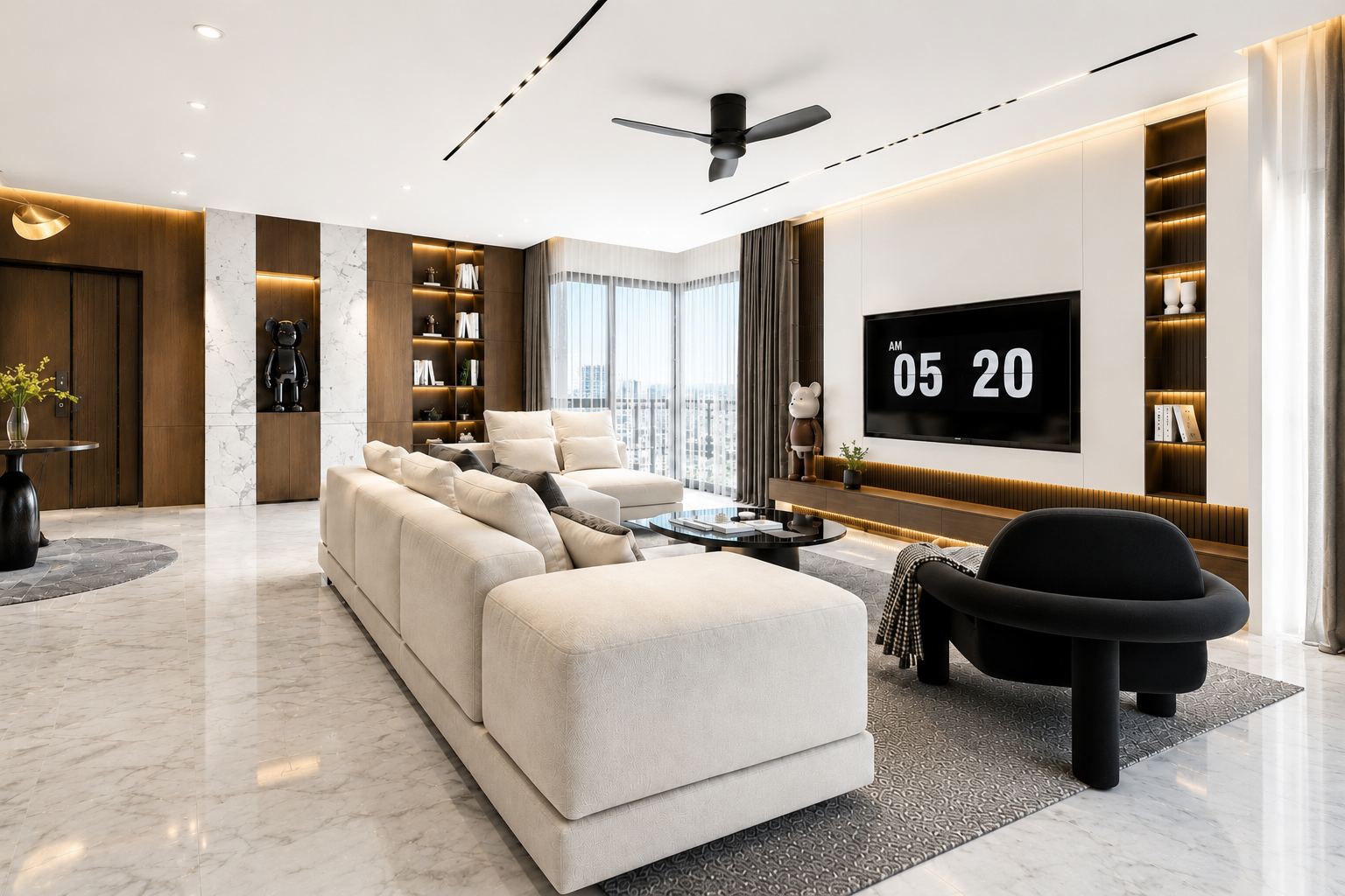 Finished living room with marble floor and timber panels