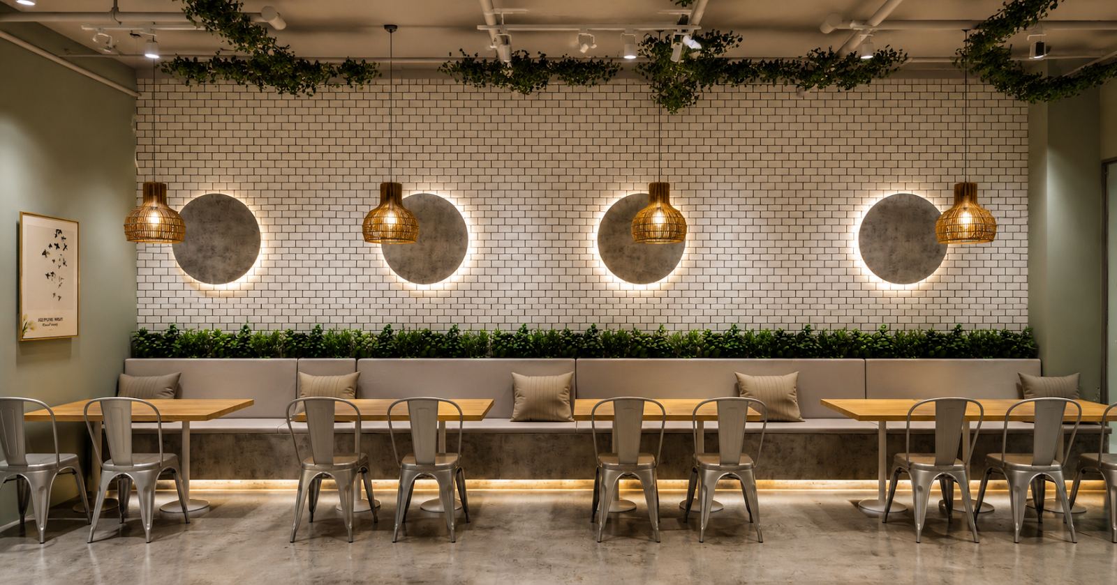 Café fit-out with warm LED lighting and greenery