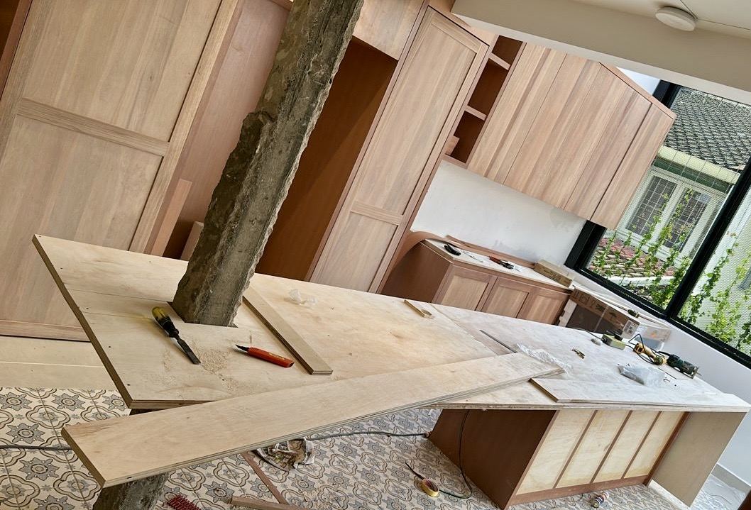 Custom timber kitchen cabinets being built